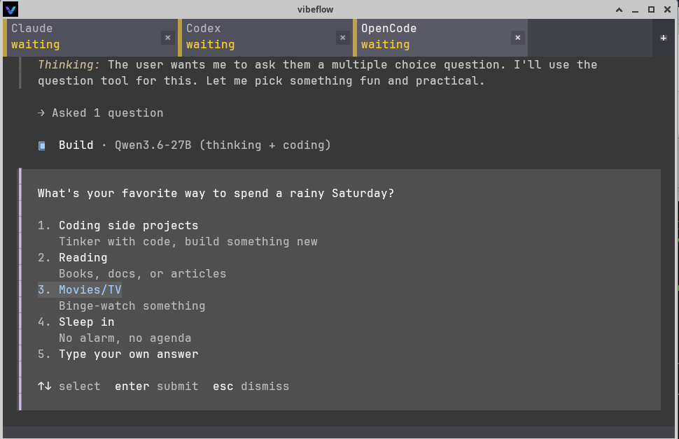 vibeflow window with three tabs — Claude waiting, Codex working, OpenCode waiting — and the waiting agent's multiple-choice prompt visible below