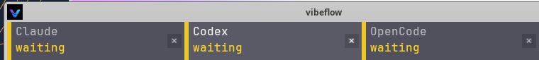 vibeflow tab bar showing Claude, Codex, and OpenCode all in the waiting state
