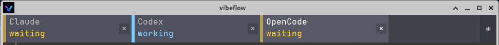 vibeflow tab bar showing Codex working in blue between Claude and OpenCode waiting in amber
