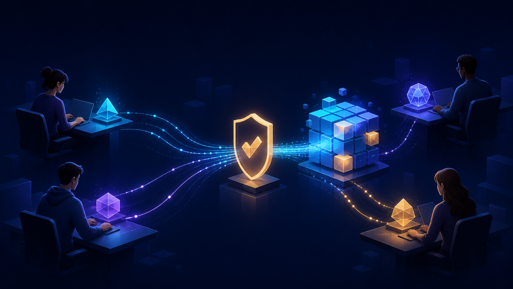 Four developers, each paired with their own AI agent, streams of work converging through a single deterministic gate into one shared codebase